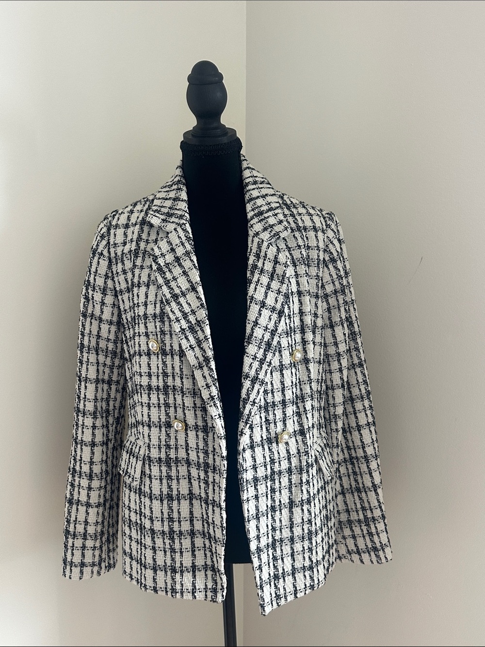 Nanette Lepore Black and White Tweed Double-Breasted Blazer